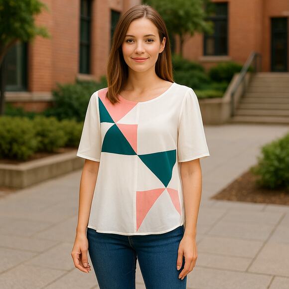 Line Dot Top 100% Silk Geometric Print Hi-Lo - Picture 1 of 4